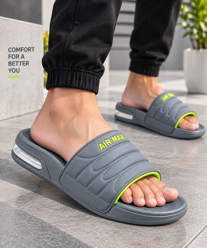 Grey & Neon Green Slides for Men | Comfortable Casual Chappal