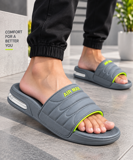 Grey & Neon Green Slides for Men | Comfortable Casual Chappal