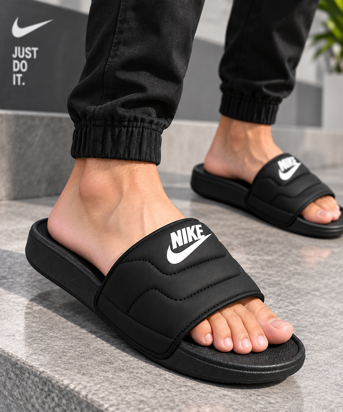 Premium Comfort Slides – Black Stylish Cushioned Slip-On Sandals