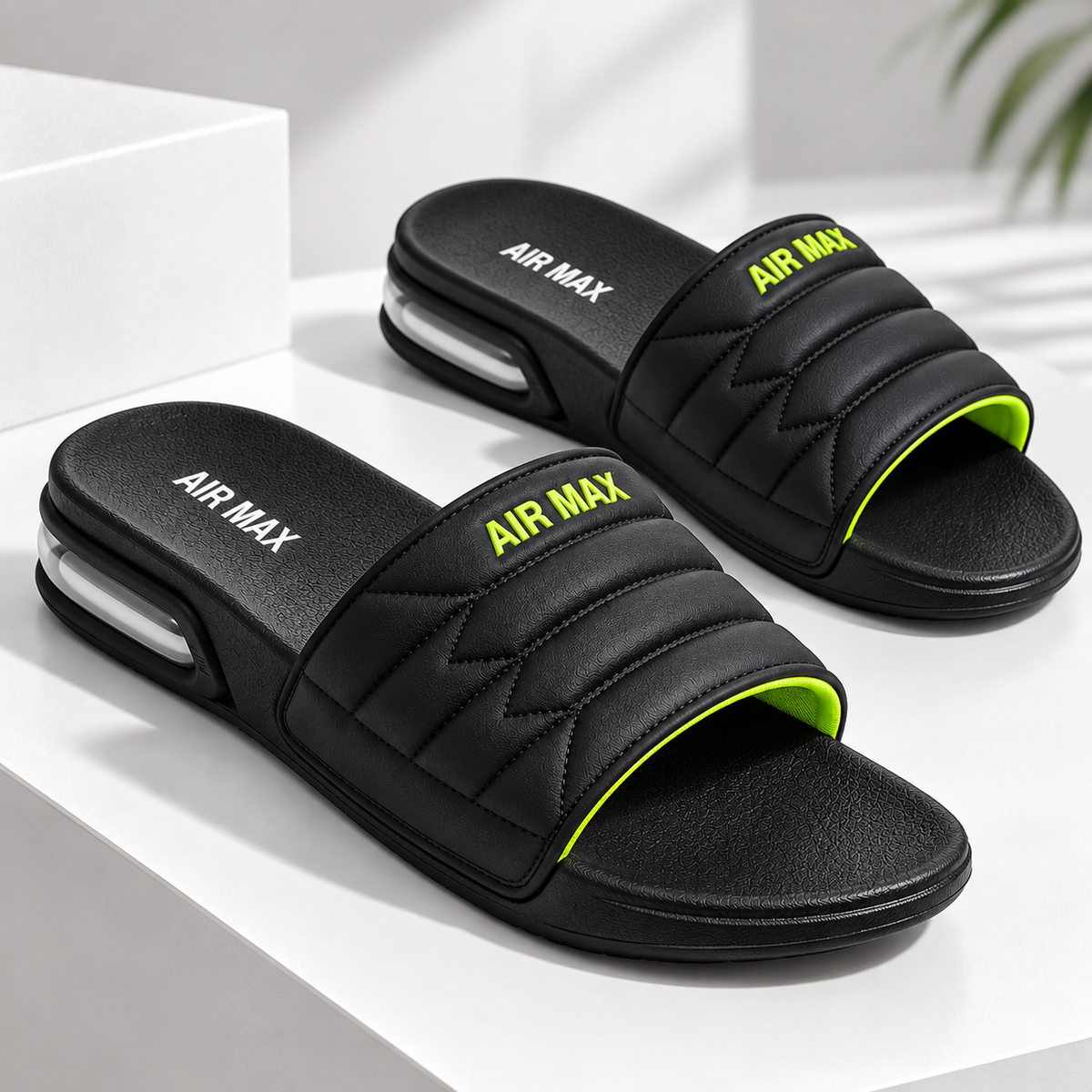 Black & Neon Green Slides for Men | Comfortable Casual Chappal
