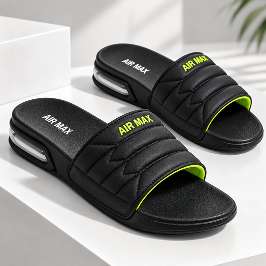 Black & Neon Green Slides for Men | Comfortable Casual Chappal