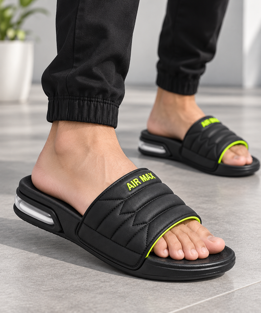 Black & Neon Green Slides for Men | Comfortable Casual Chappal